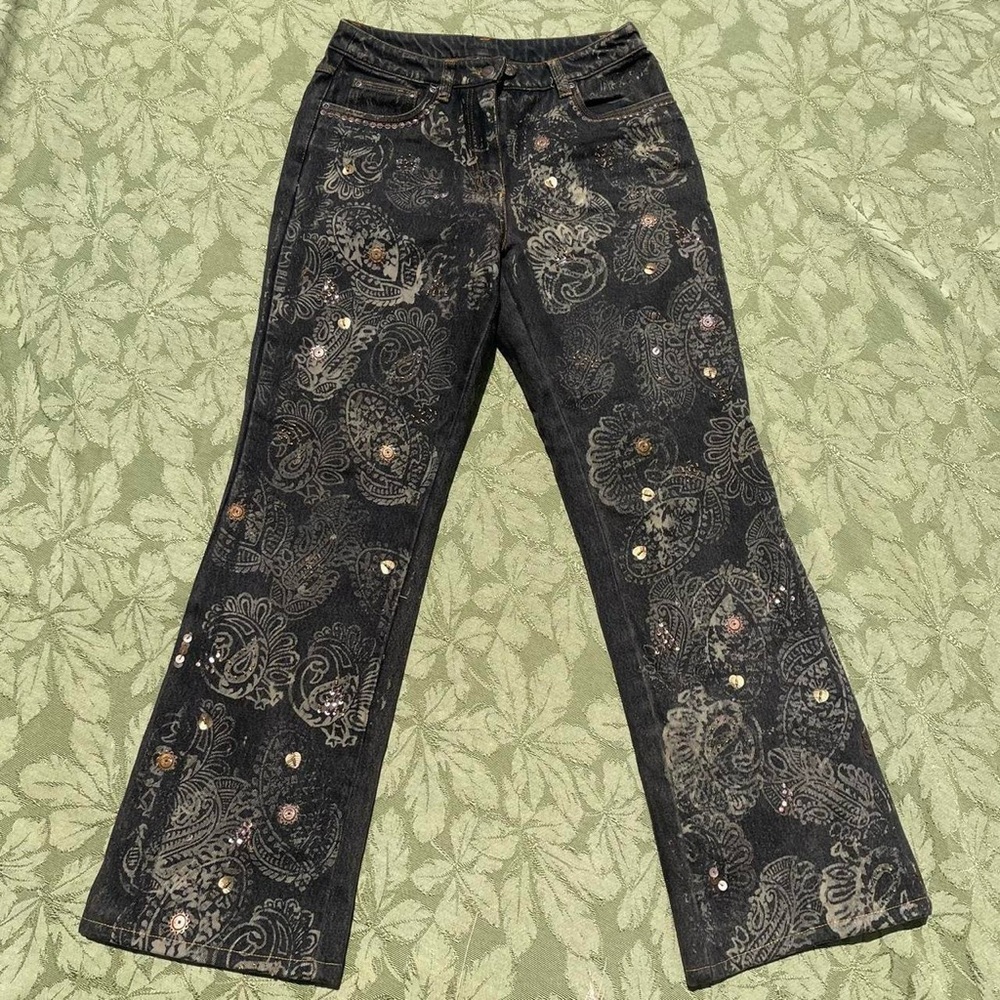 Embroidered Black Jeans with Paisley Design